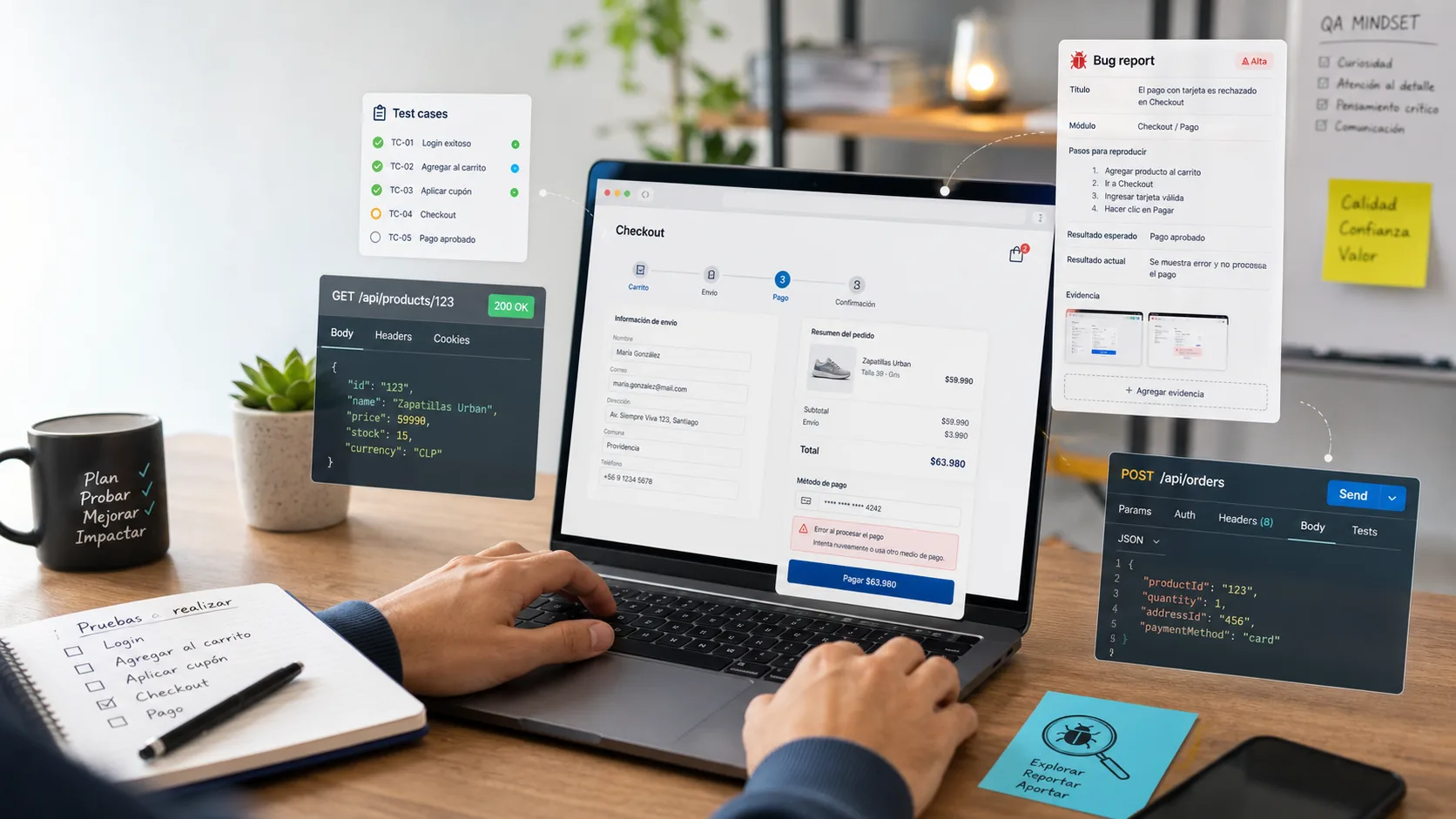 Vista de TechMarket: checkout, reportes de bugs y pruebas de API en QA Market Lab